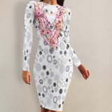 1 Piece Custom Casual Print Crew Neck Long Sleeve Midi Dress
