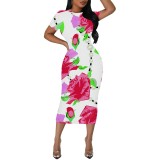 1 Piece Custom Casual Print Crew Neck Short Sleeve Midi Dress