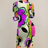 1 Piece Custom Casual Print Crew Neck Long Sleeve Midi Dress