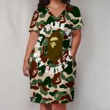 1 Piece Custom Casual Print V Neck Short Sleeve Plus Size Midi Dress