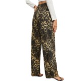 Washed Jeans Leopard Print Denim Straight Trousers