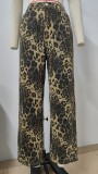 Washed Jeans Leopard Print Denim Straight Trousers