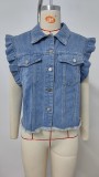 Women's Vintage Ruffle Trim Sleeveless Denim Vest Single Breasted Jean Vest
