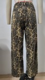 Washed Jeans Leopard Print Denim Straight Trousers