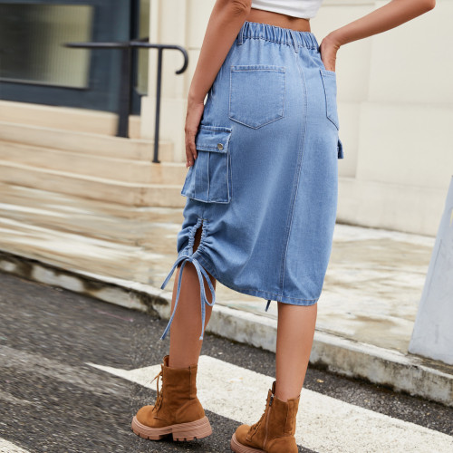 Denim Lace-up Casual Midi Skirt