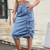 Denim Lace-up Casual Midi Skirt