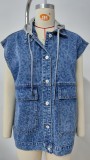 Washed Denim Loose Leopard Print Jacket Vest Top