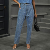 Pearl Detail Straight Jeans with Pockets