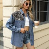 Womens Washed Coat Oversized Distressed Leopard Lapel Denim Jacket