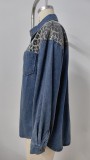 Womens Washed Coat Oversized Distressed Leopard Lapel Denim Jacket