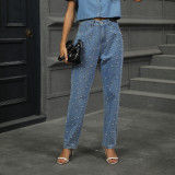Pearl Detail Straight Jeans with Pockets