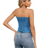 Washed Strapless Smocked Tube Denim Top