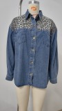 Womens Washed Coat Oversized Distressed Leopard Lapel Denim Jacket