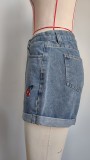 Women's Denim Shorts Cherry Embroidery Wide Leg Summer Jean Shorts