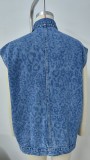 Washed Denim Loose Leopard Print Jacket Vest Top