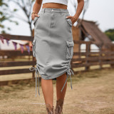 Solid Denim Lace-up Casual Midi Skirt