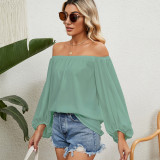 Solid Off Shoulder Chiffon Tops for Womens Lantern Long Sleeve Tshirts