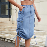 Solid Denim Lace-up Casual Midi Skirt