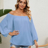 Solid Off Shoulder Chiffon Tops for Womens Lantern Long Sleeve Tshirts
