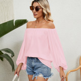 Solid Off Shoulder Chiffon Tops for Womens Lantern Long Sleeve Tshirts