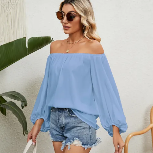 Solid Off Shoulder Chiffon Tops for Womens Lantern Long Sleeve Tshirts