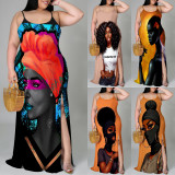 1 Piece Custom Casual Print Straps Plus Size Long Dress