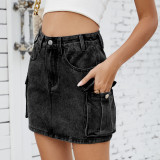 Front Button Multi-Pocket Denim Skirt