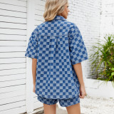 Women's Denim 2 Piece Outfits Plaid Jean Shorts High Waisted Shorts Set