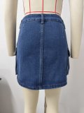 Front Button Multi-Pocket Denim Skirt