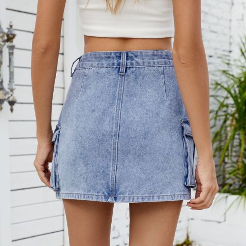 Front Button Multi-Pocket Denim Skirt