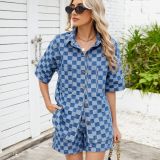 Women's Denim 2 Piece Outfits Plaid Jean Shorts High Waisted Shorts Set