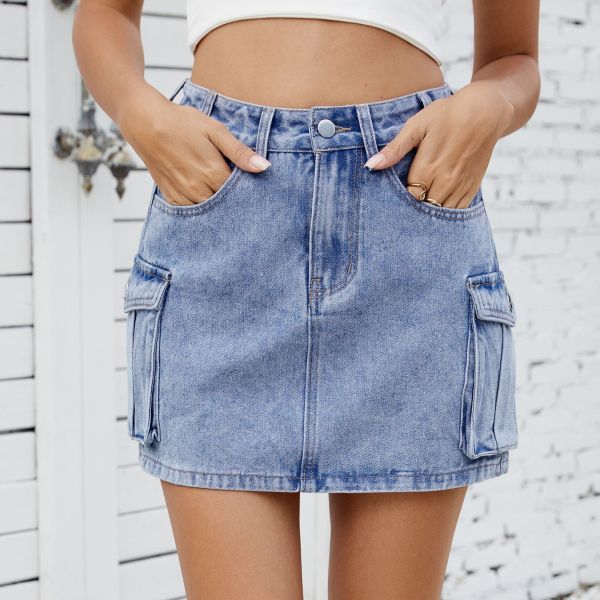 Front Button Multi-Pocket Denim Skirt