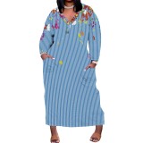1 Piece Custom Casual Print Long Sleeve V Neck Plus Size Long Dress