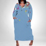 1 Piece Custom Casual Print Long Sleeve V Neck Plus Size Long Dress