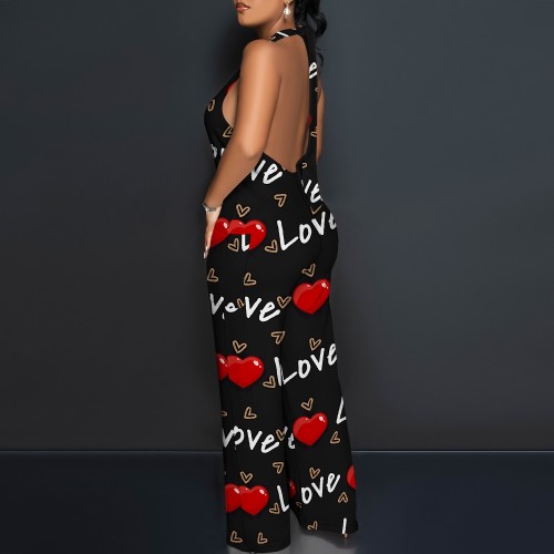 1 Piece Custom Casual Print Backless Halter One Piece Jumpsuits