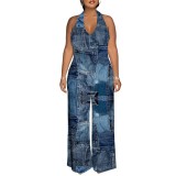 1 Piece Custom Casual Print Backless Halter One Piece Jumpsuits