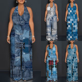 1 Piece Custom Casual Print Backless Halter One Piece Jumpsuits