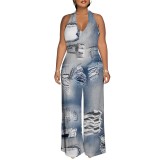 1 Piece Custom Casual Print Backless Halter One Piece Jumpsuits