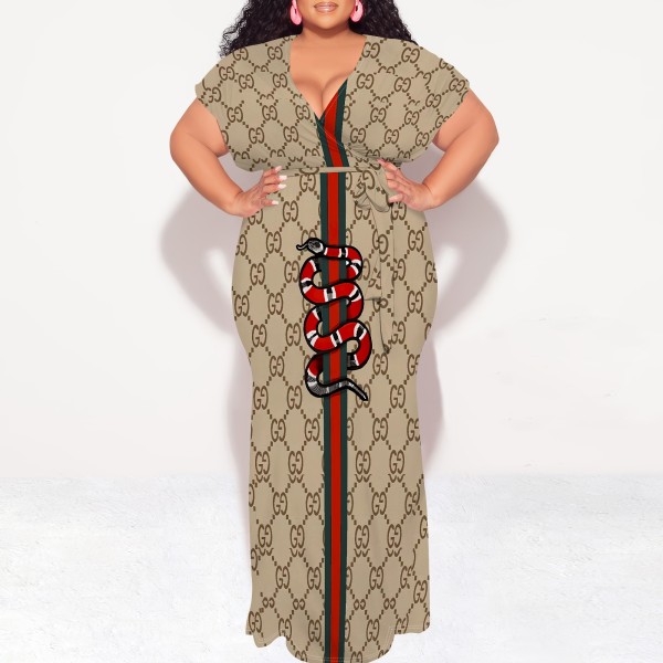 1 Piece Custom Casual Print V Neck Plus Size Maxi Dresses