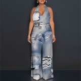 1 Piece Custom Casual Print Backless Halter One Piece Jumpsuits