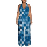 1 Piece Custom Casual Print Backless Halter One Piece Jumpsuits