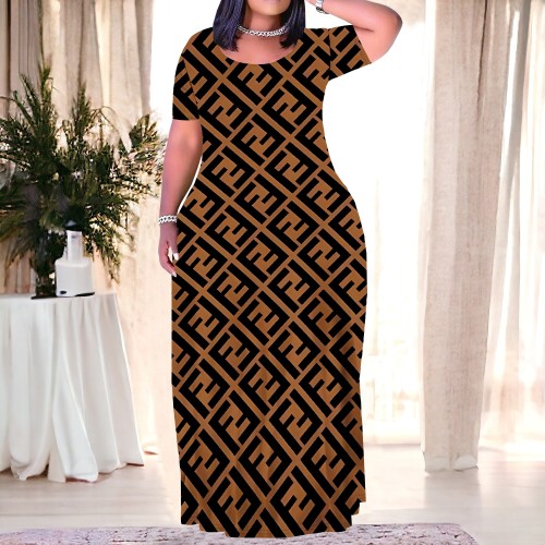 1 Piece Custom Casual Print O Neck Plus Size Maxi Dresses