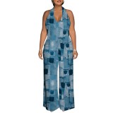 1 Piece Custom Casual Print Backless Halter One Piece Jumpsuits