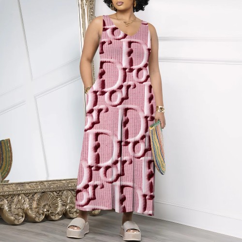 1 Piece Custom Casual Print Sleeveless Long Dress with V Neck
