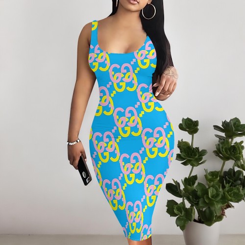 1 Piece Custom Casual Print U Neck Sleeveless Midi Dress