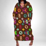 1 Piece Custom Casual Print Long Sleeve Plus Size Maxi Dress
