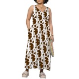 1 Piece Custom Casual Print Sleeveless Long Dress with V Neck