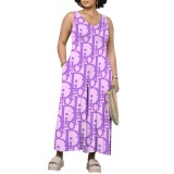 1 Piece Custom Casual Print Sleeveless Long Dress with V Neck