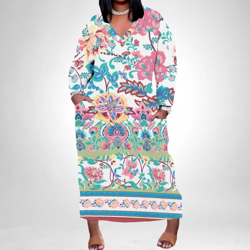 1 Piece Custom Casual Print Long Sleeve Plus Size Maxi Dress