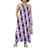 1 Piece Custom Casual Print Sleeveless Long Dress with V Neck